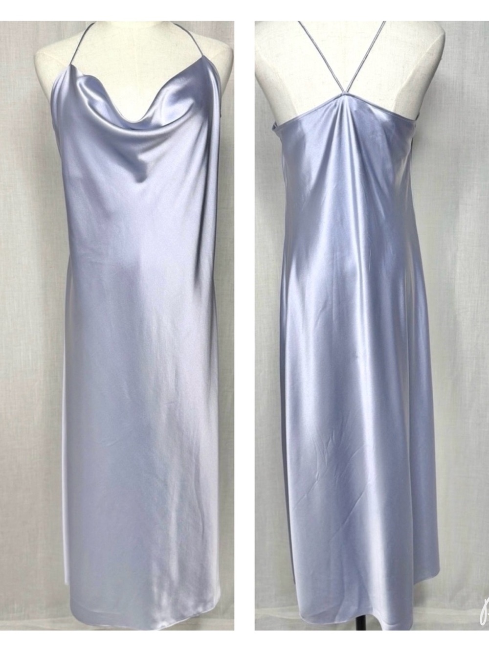Filippa K Silk Draped Slip Midi Dress Faded Blue Cowl Neck Size 12